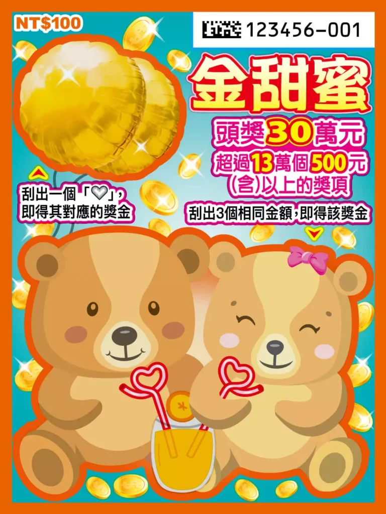金甜蜜刮刮樂實體票面，畫面以兩隻可愛小熊手牽愛心吸管為主視覺，上方搭配金幣與蜂蜜色系，標示頭獎30萬元
