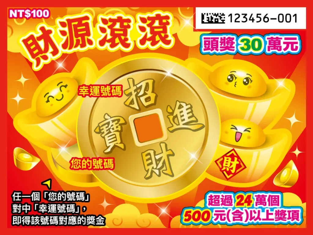 財源滾滾刮刮樂實體票面，畫面中央為金色招財轉盤與幸運號碼區，周圍搭配元寶造型，標示頭獎30萬元與多項500元以上獎項
