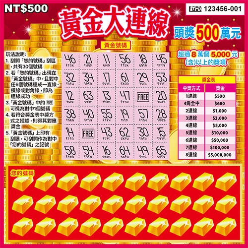 黃金大連線刮刮樂實體票面，畫面上方為多組連線對獎數字區，下方為大量金條符號，標示頭獎500萬元與最高8連線獎金
