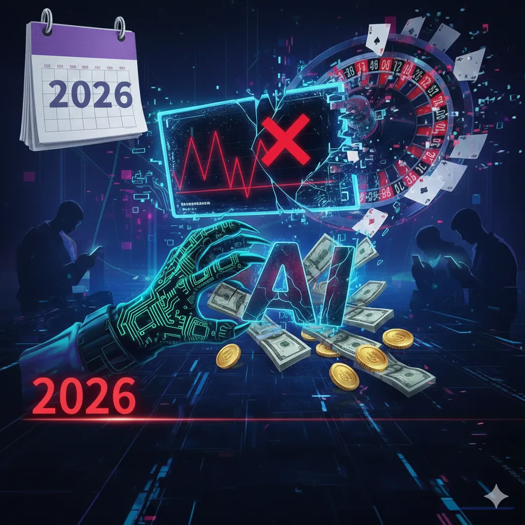 百家樂算牌軟體詐騙示意圖，展示假AI預測程式與金錢陷阱風險警示
