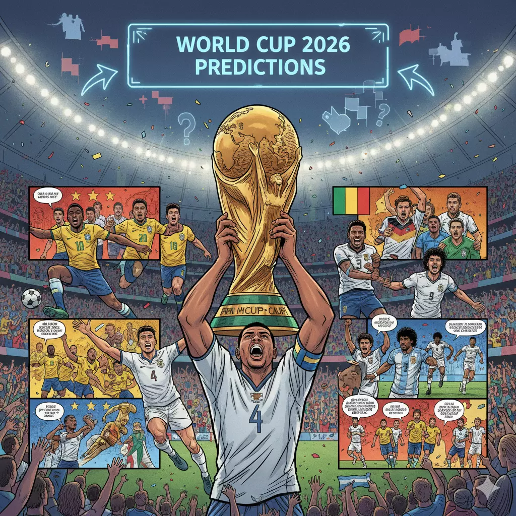 世界盃足球賽 2026世足冠軍預測概念圖，球員高舉大力神盃，背景呈現多國代表隊與歷屆冠軍場景
