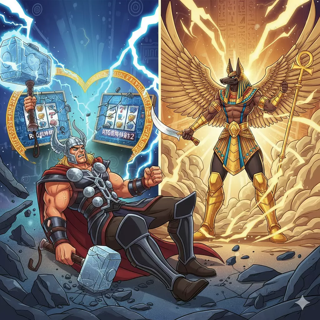 rsg雷神之錘2對決atg戰神賽特2主題圖，雷神手持雷神之鎚對戰戰神賽特2角色畫面
