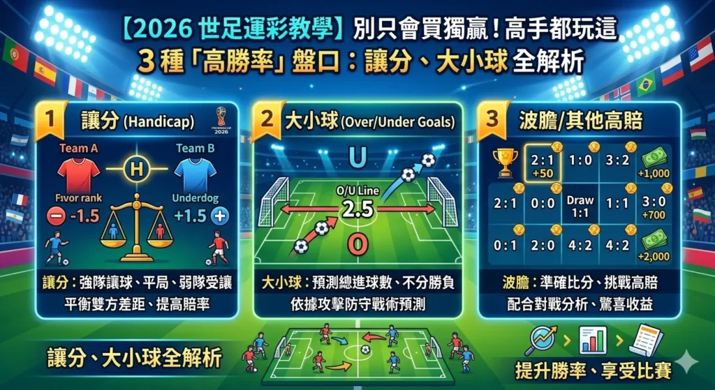 世足運彩教學資訊圖，說明讓分盤、大小球與波膽玩法差異
