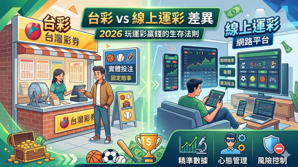 台彩vs線上運彩差異比較圖，展示實體投注與線上投注平台在賠率、操作方式與功能上的不同
